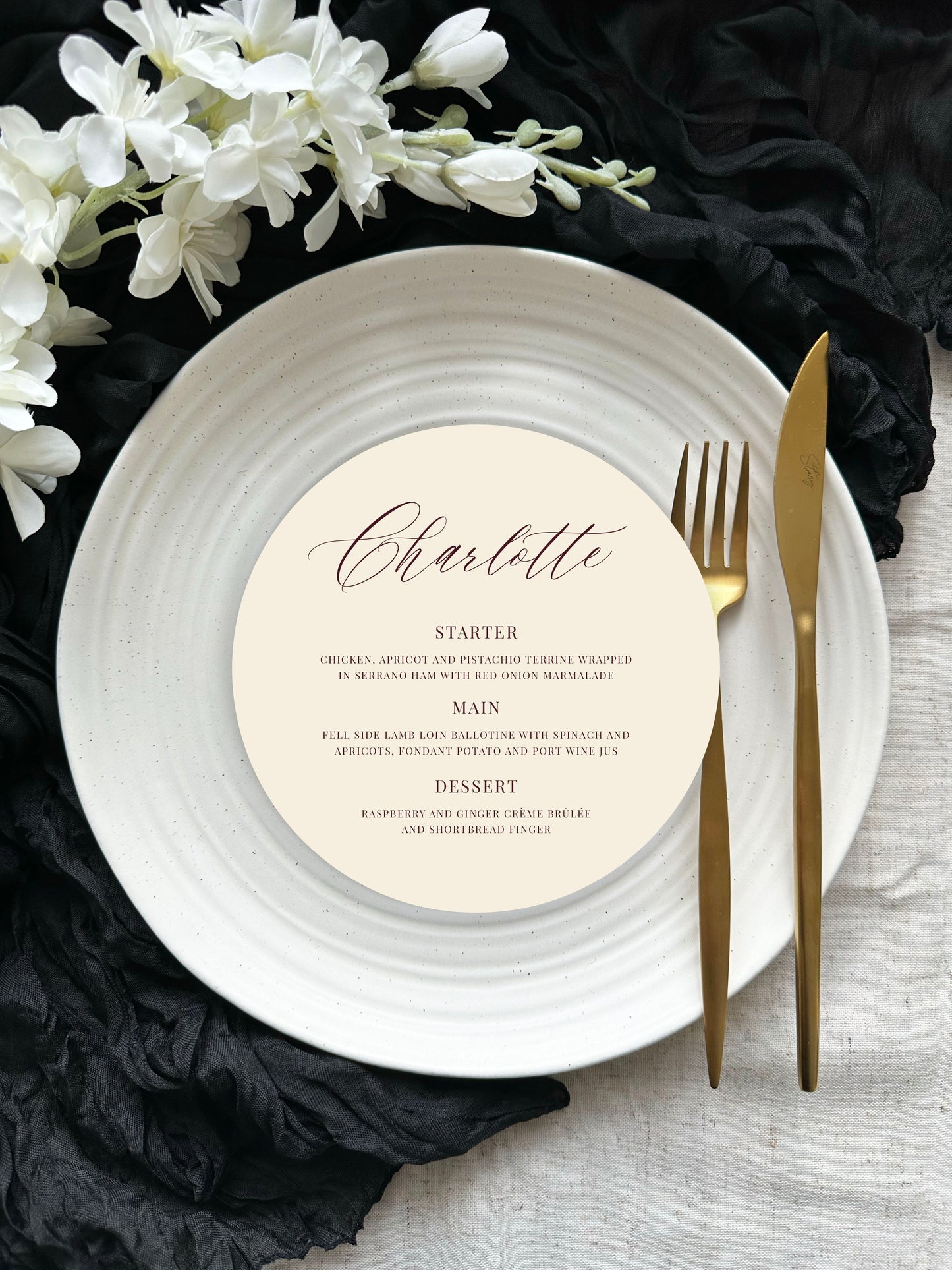 Ophelia Place Setting Menu