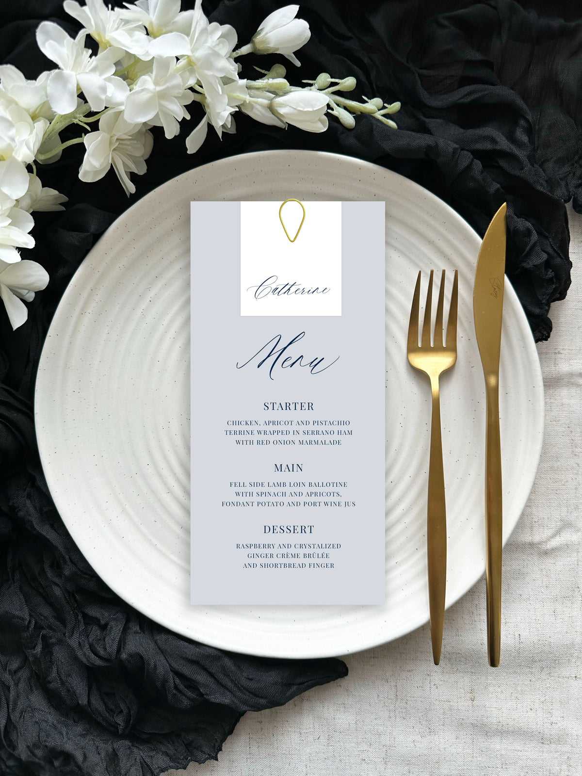 Menu. Tag Designing Wedding Breakfast Menu with Guest Name Tag β Forever Paper Co