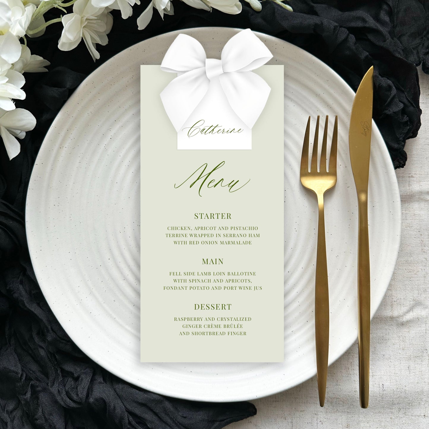 Ophelia Menu | With Name Tag & Ribbon