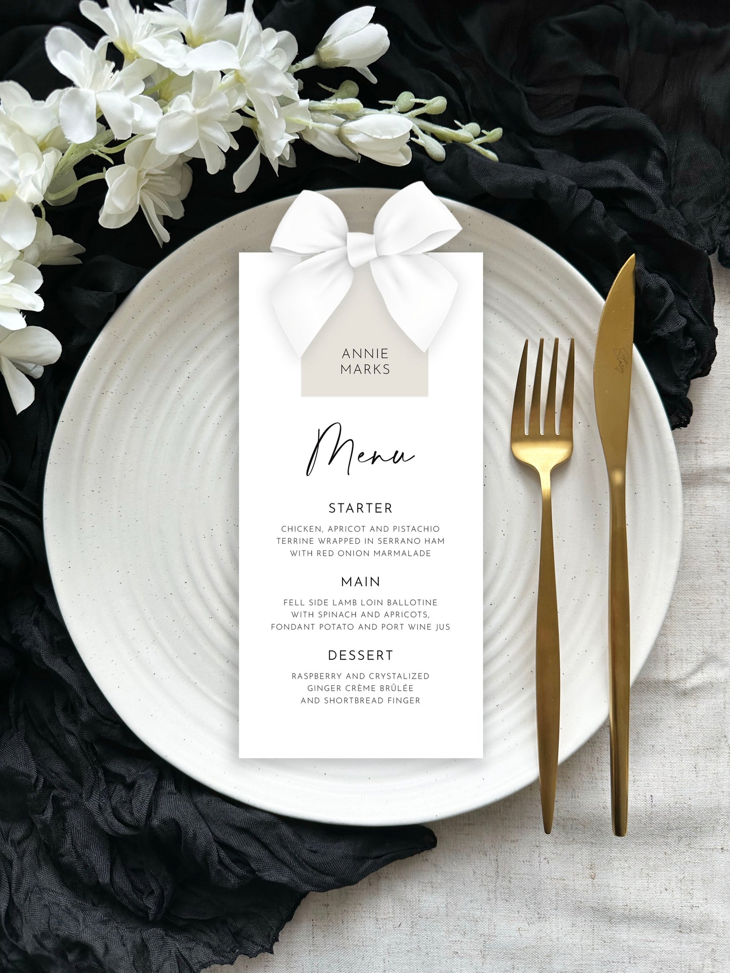 Maia Menu | With Name Tag & Ribbon