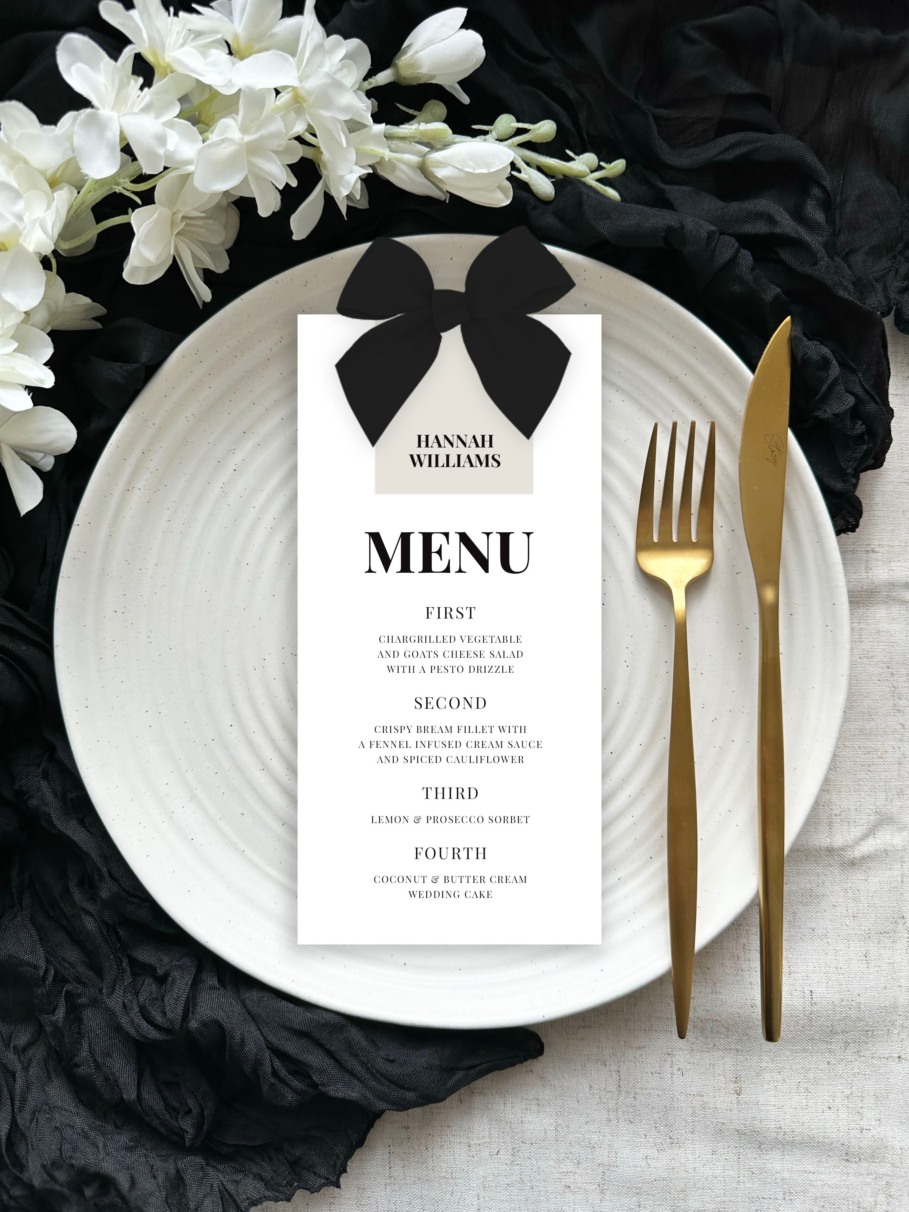 Personalised Wedding Menu with Guest Name Tag & Ribbon Bow – Forever ...